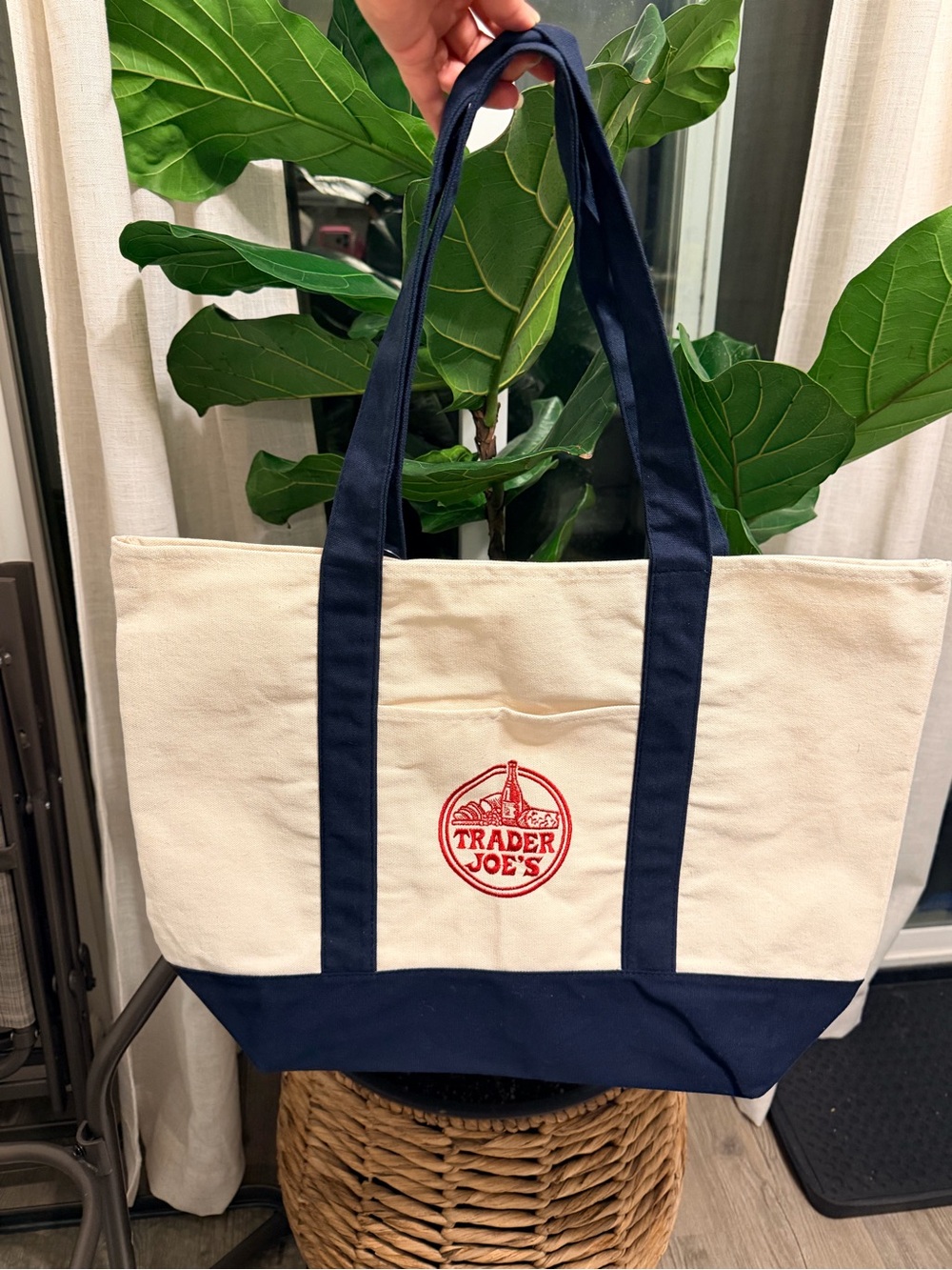 Trader Joe's Navy and Cream Canvas Tote Bag